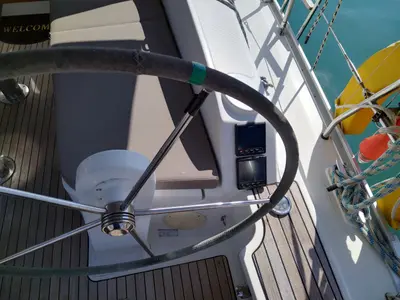 Cockpit of Sea Hope, a Bavaria Cruiser 37 sailboat at Kontokali, Greece