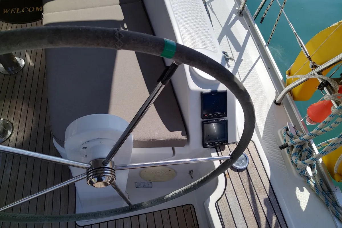 Cockpit of Sea Hope, a Bavaria Cruiser 37 sailboat at Kontokali, Greece
