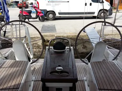 Cockpit of Sea Hope, a Bavaria Cruiser 37 sailboat at Kontokali, Greece