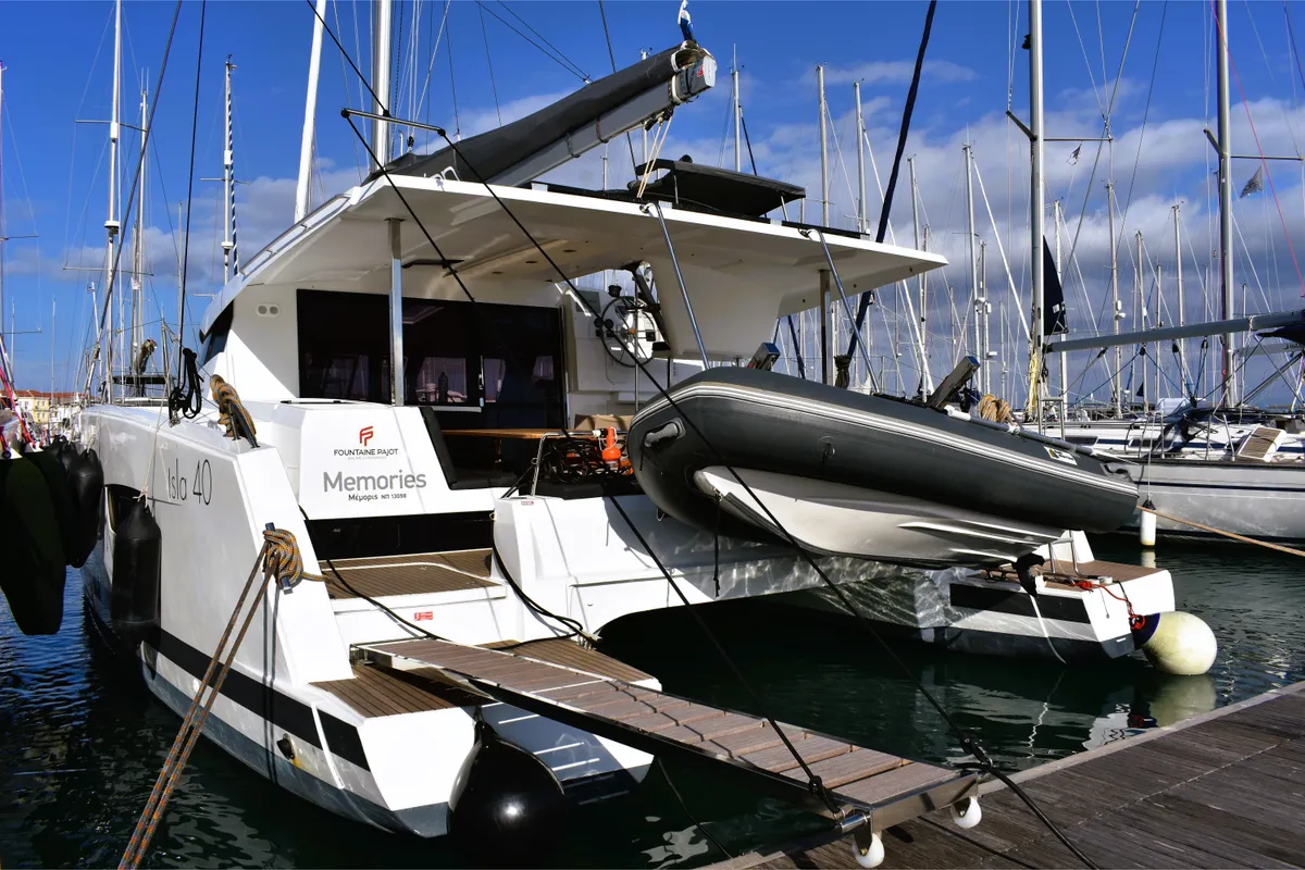 Exterior view of Memories, a Fountaine Pajot Isla 40 catamaran at Municipal Unit of Lefkada, Greece