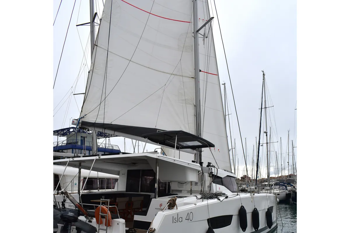 Exterior view of Memories, a Fountaine Pajot Isla 40 catamaran at Municipal Unit of Lefkada, Greece