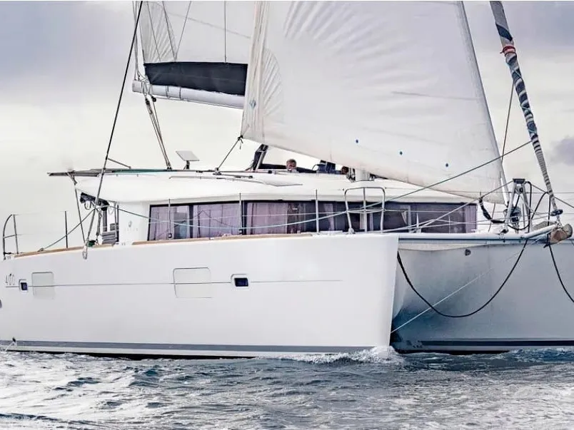 Exterior view of Esmeralda, a Lagoon 400 S2 catamaran at Santa Eulària des Riu, Spain