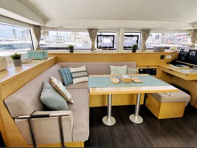 Salon of Esmeralda, a Lagoon 400 S2 catamaran at Santa Eulària des Riu, Spain