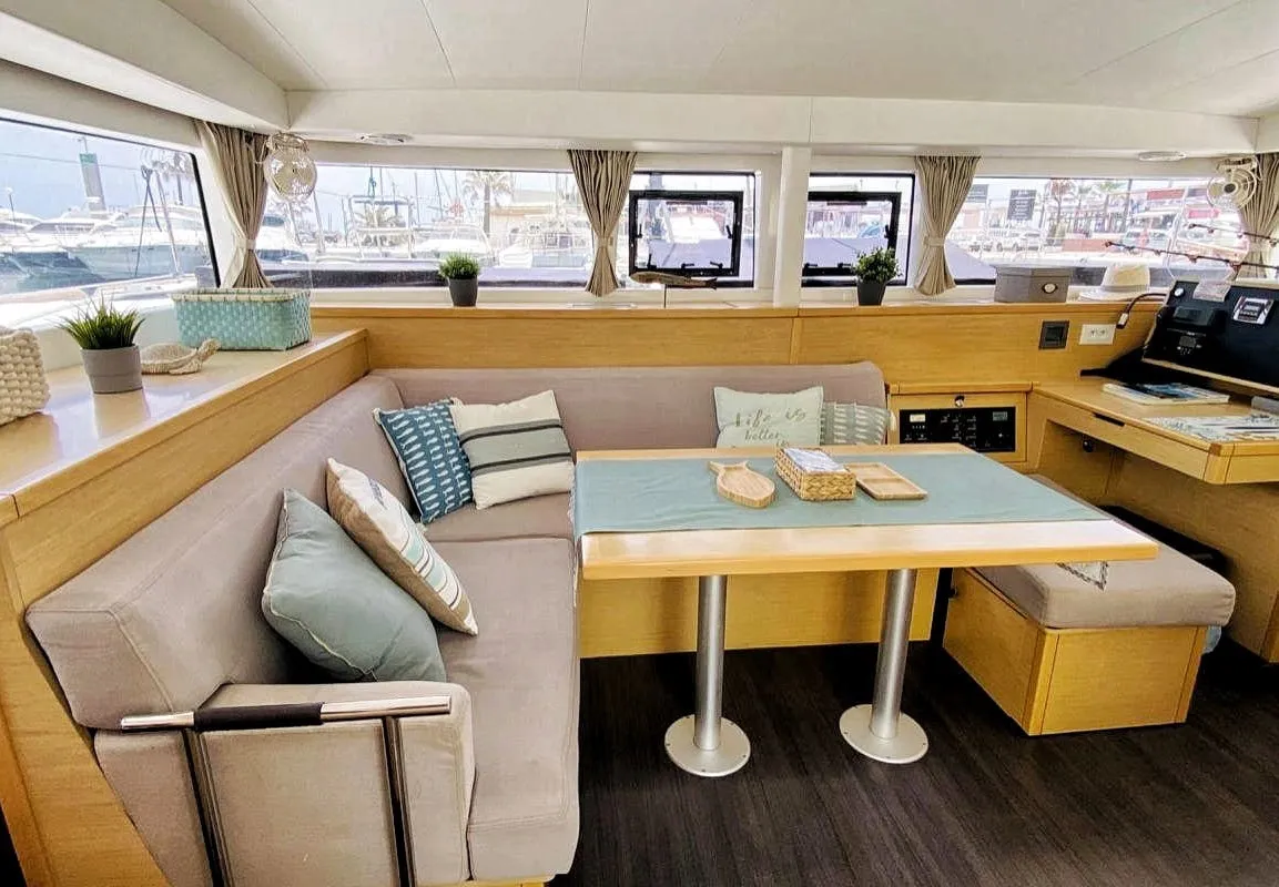 Salon of Esmeralda, a Lagoon 400 S2 catamaran at Santa Eulària des Riu, Spain