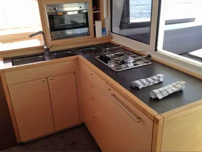 Galley of Esmeralda, a Lagoon 400 S2 catamaran at Santa Eulària des Riu, Spain