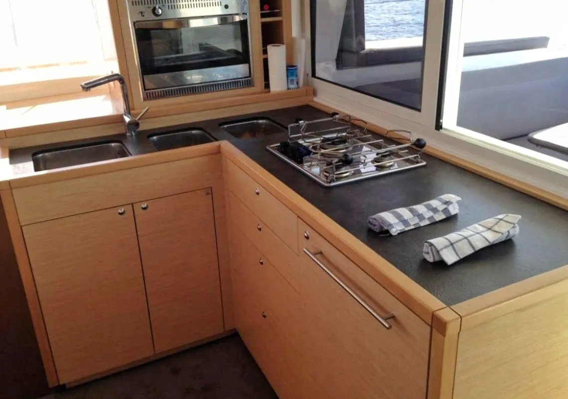 Galley of Esmeralda, a Lagoon 400 S2 catamaran at Santa Eulària des Riu, Spain