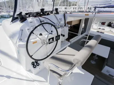 Cockpit of Esmeralda, a Lagoon 400 S2 catamaran at Santa Eulària des Riu, Spain