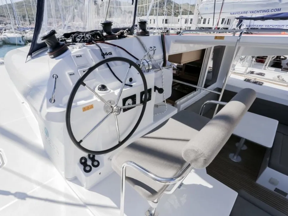 Cockpit of Esmeralda, a Lagoon 400 S2 catamaran at Santa Eulària des Riu, Spain