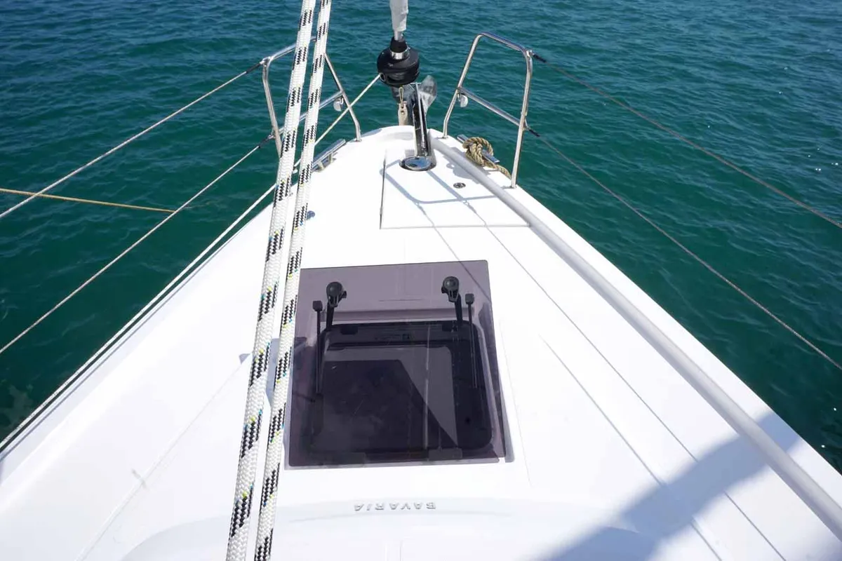 Deck of Elaia, a Bavaria C38 sailboat at Kontokali, Greece