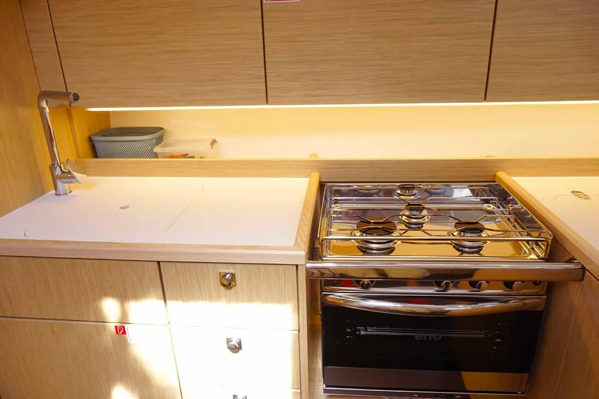Galley of Elaia, a Bavaria C38 sailboat at Kontokali, Greece