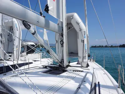 Deck of Elaia, a Bavaria C38 sailboat at Kontokali, Greece