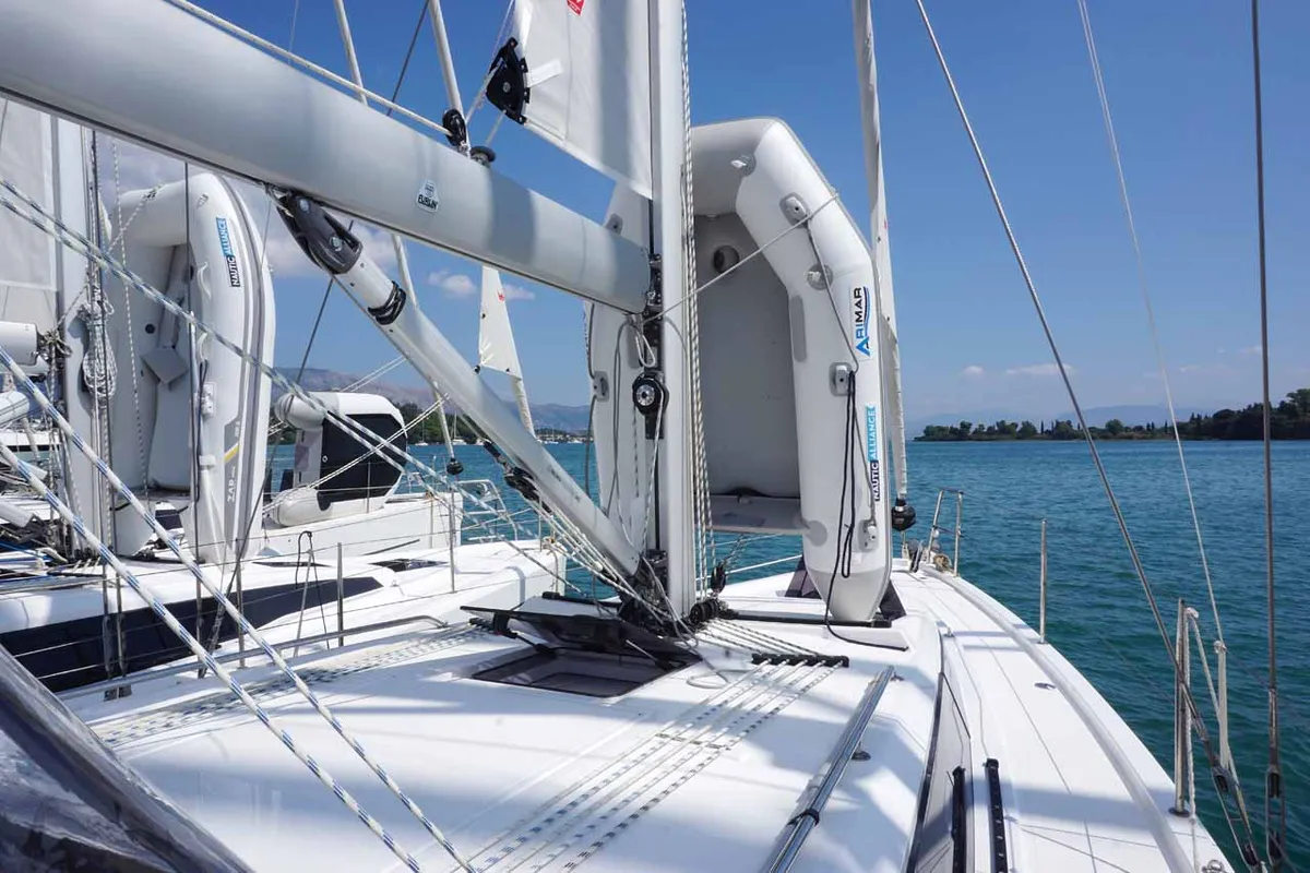 Deck of Elaia, a Bavaria C38 sailboat at Kontokali, Greece