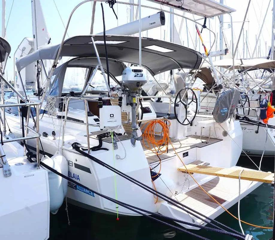 Exterior view of Elaia, a Bavaria C38 sailboat at Kontokali, Greece