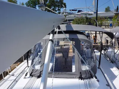Cockpit of Elaia, a Bavaria C38 sailboat at Kontokali, Greece
