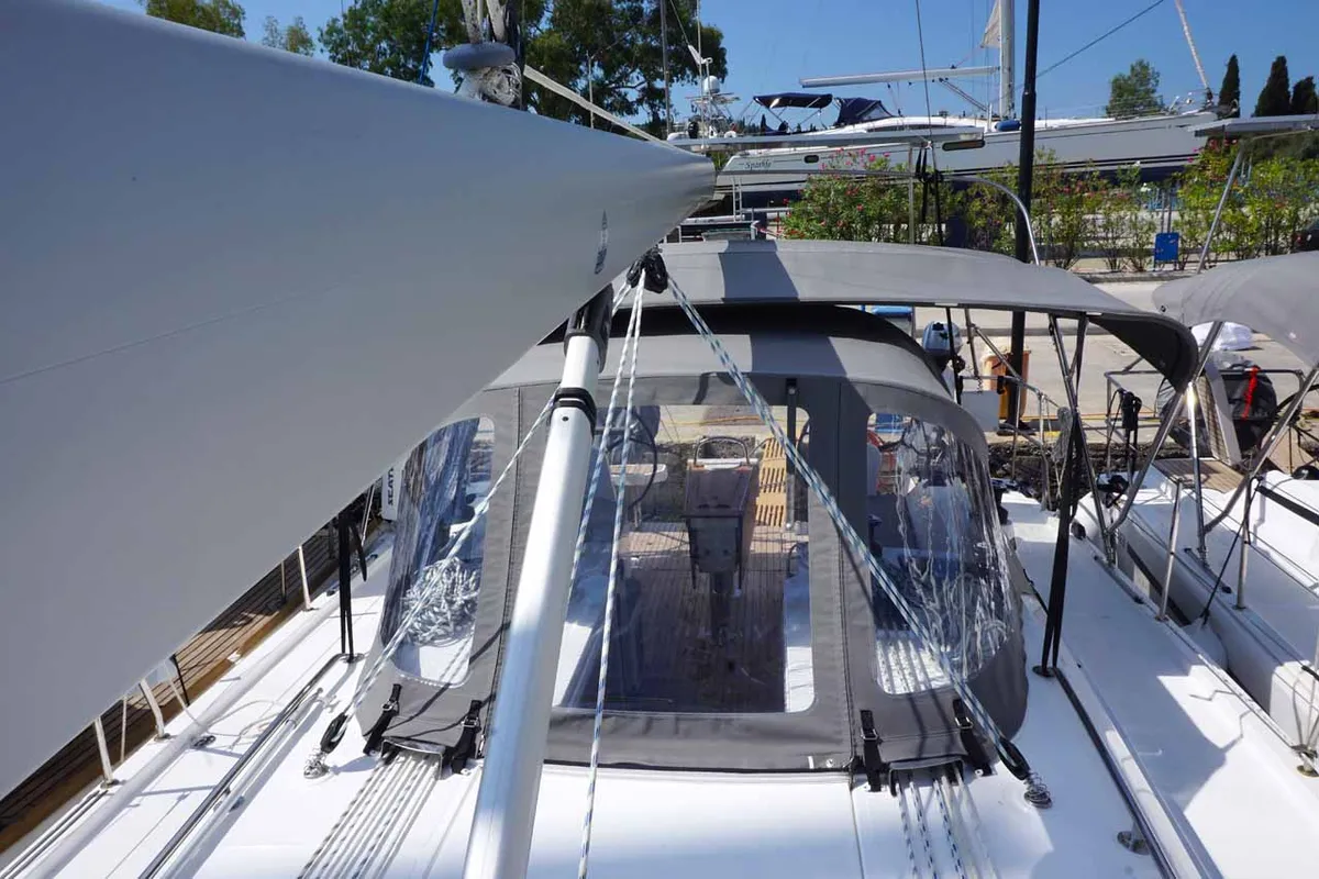 Cockpit of Elaia, a Bavaria C38 sailboat at Kontokali, Greece