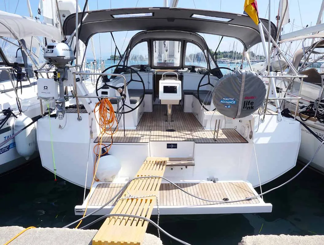Exterior view of Elaia, a Bavaria C38 sailboat at Kontokali, Greece