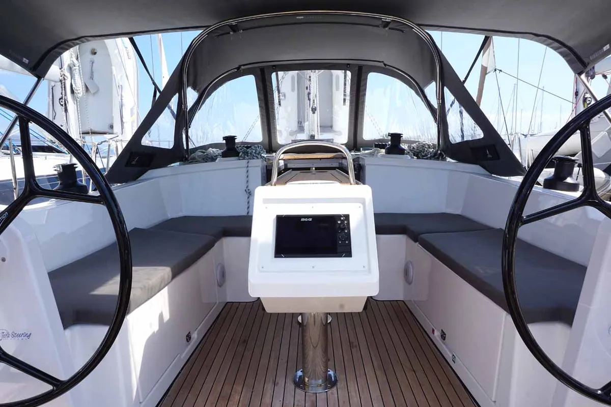 Cockpit of Elaia, a Bavaria C38 sailboat at Kontokali, Greece