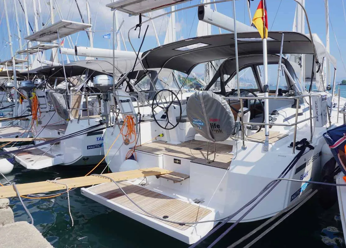 Exterior view of Elaia, a Bavaria C38 sailboat at Kontokali, Greece