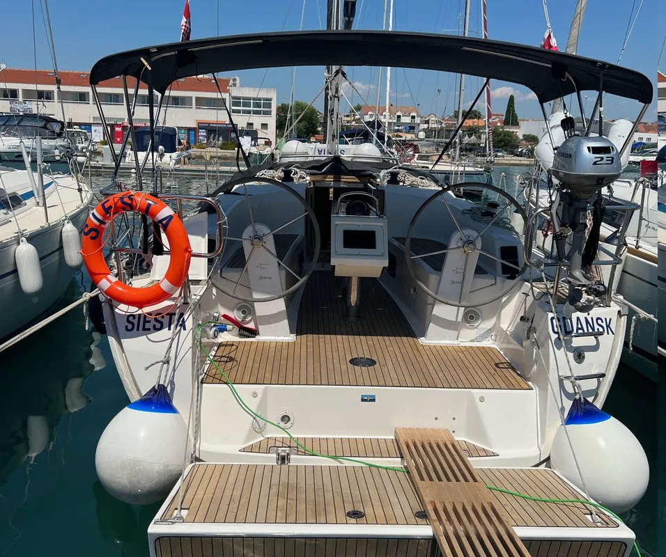 Cockpit of Siesta, a Bavaria Cruiser 34 sailboat at Pirovac, Croatia