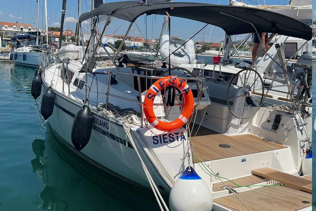 Exterior view of Siesta, a Bavaria Cruiser 34 sailboat at Pirovac, Croatia
