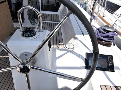 Cockpit of Norma, a Beneteau Oceanis 41.1 sailboat at Athens, Greece