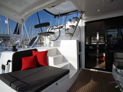 Deck of Little Dream, a Lagoon 42 catamaran at Marmaris, Turkey