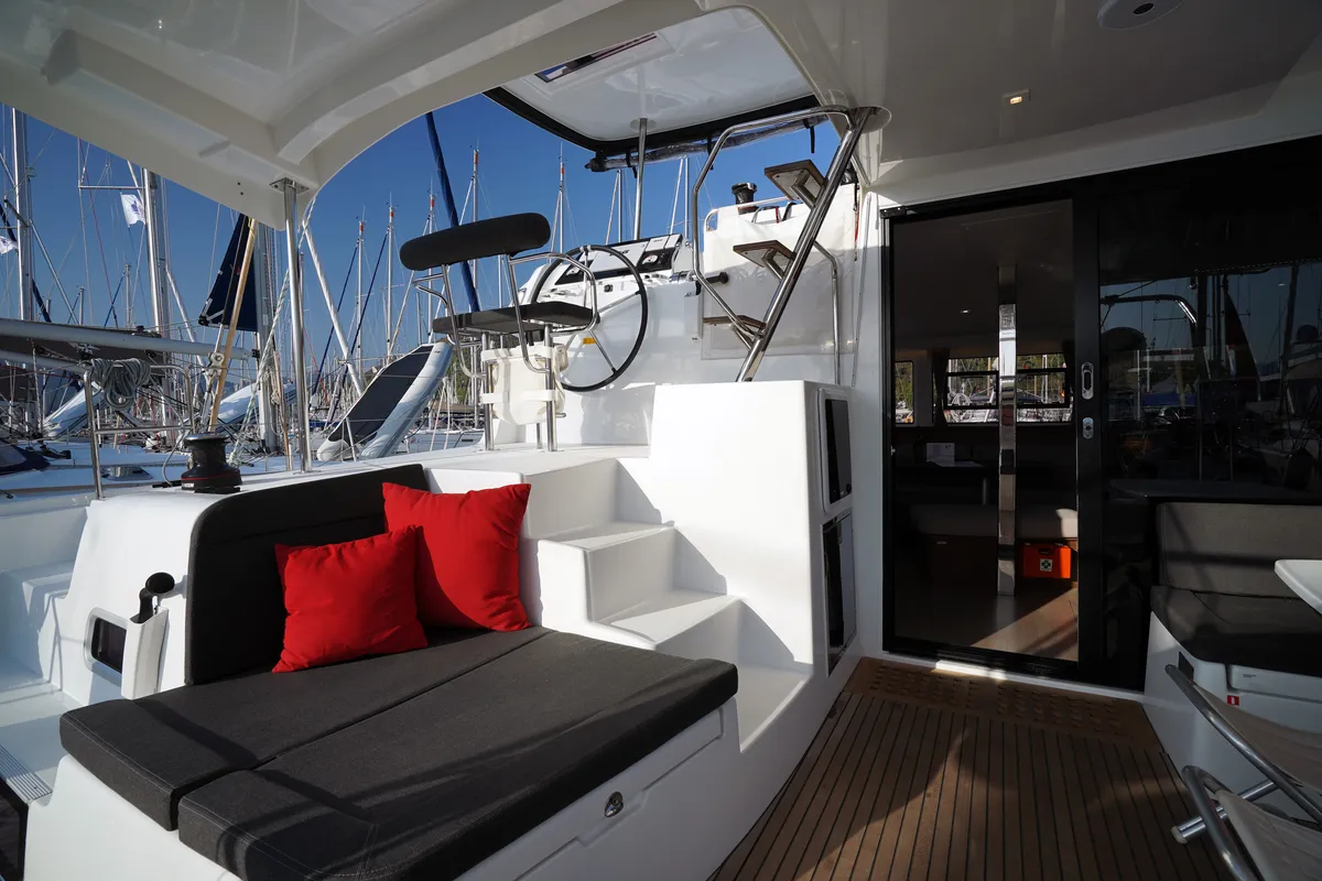 Deck of Little Dream, a Lagoon 42 catamaran at Marmaris, Turkey
