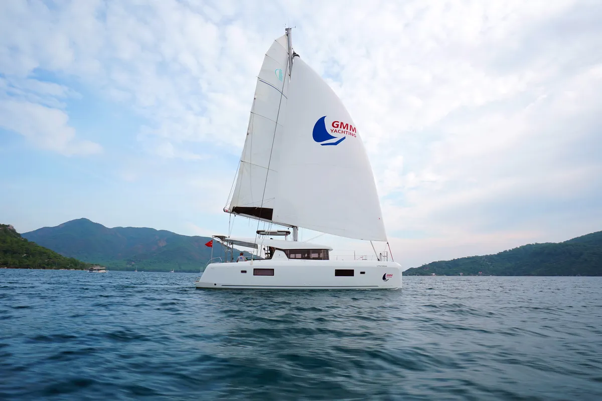Exterior view of Little Dream, a Lagoon 42 catamaran at Marmaris, Turkey