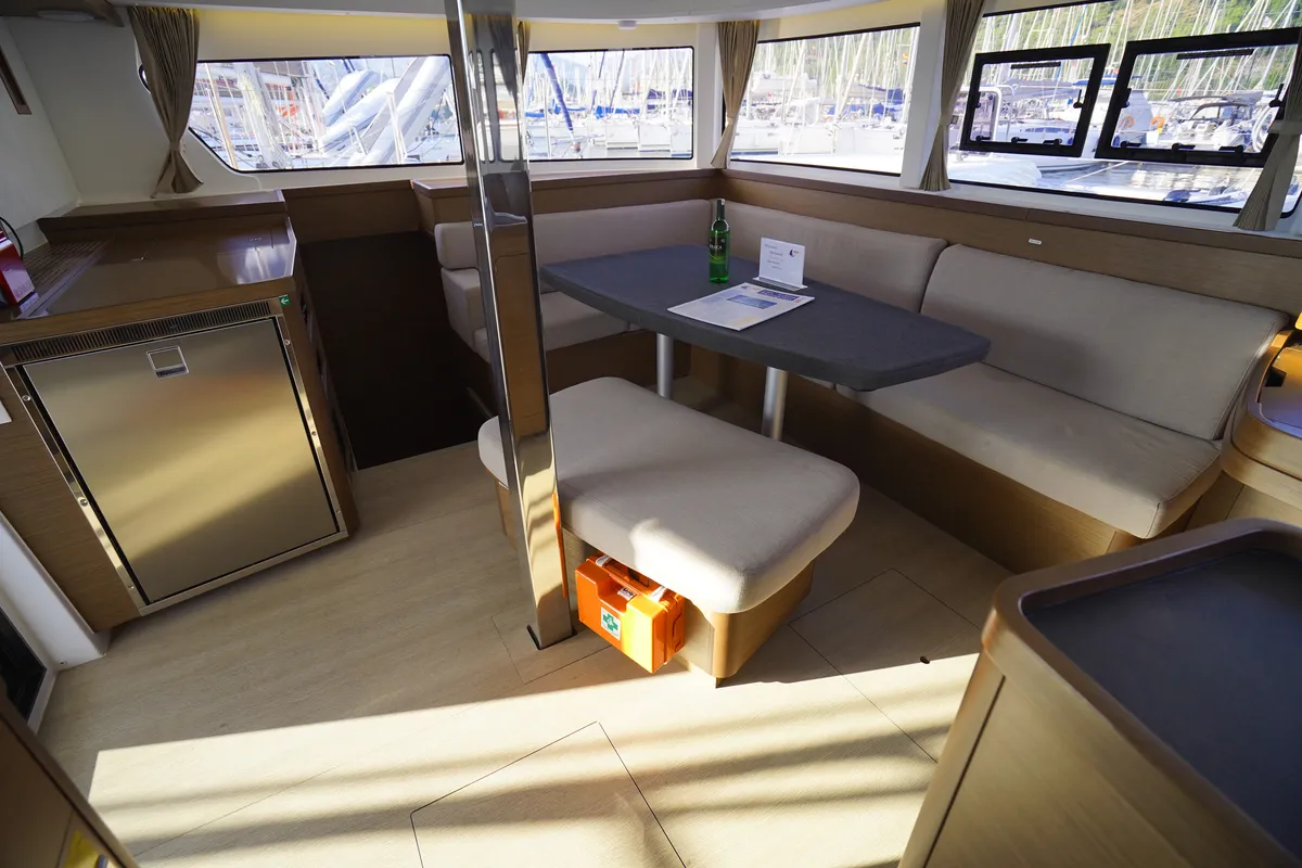 Salon of Little Dream, a Lagoon 42 catamaran at Marmaris, Turkey