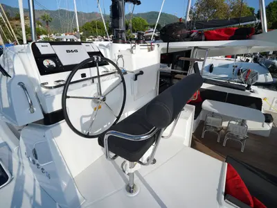 Cockpit of Little Dream, a Lagoon 42 catamaran at Marmaris, Turkey