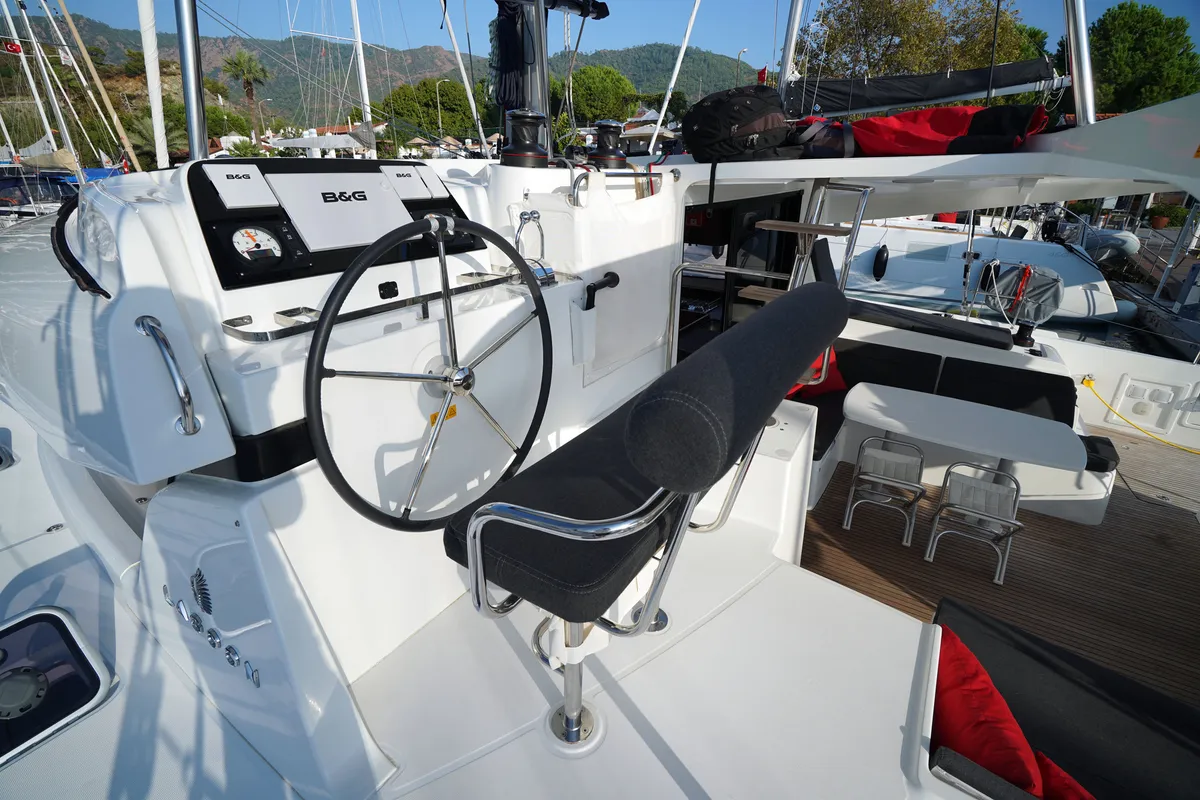 Cockpit of Little Dream, a Lagoon 42 catamaran at Marmaris, Turkey