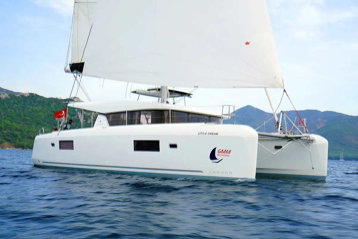 Exterior view of Little Dream, a Lagoon 42 catamaran at Marmaris, Turkey