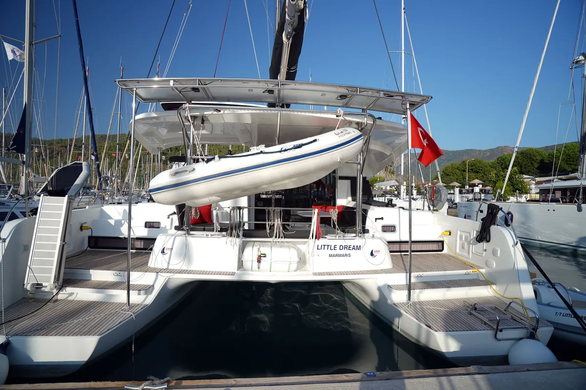Exterior view of Little Dream, a Lagoon 42 catamaran at Marmaris, Turkey