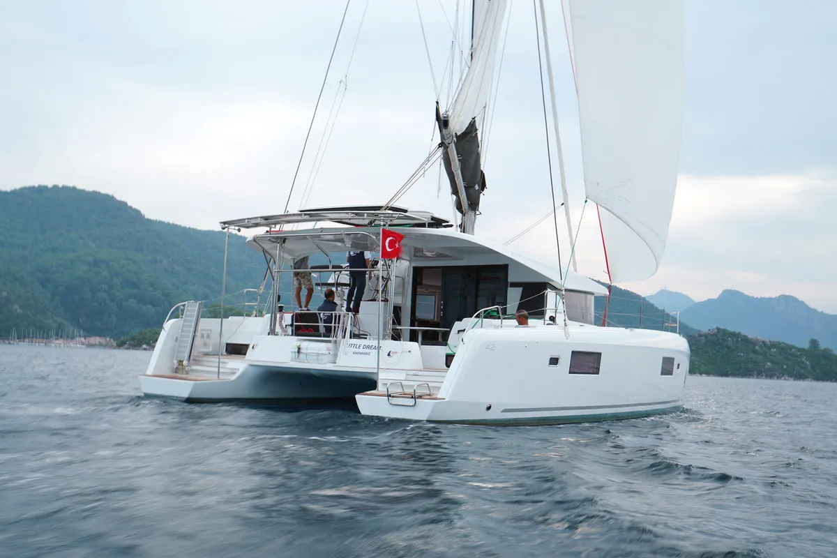 Exterior view of Little Dream, a Lagoon 42 catamaran at Marmaris, Turkey