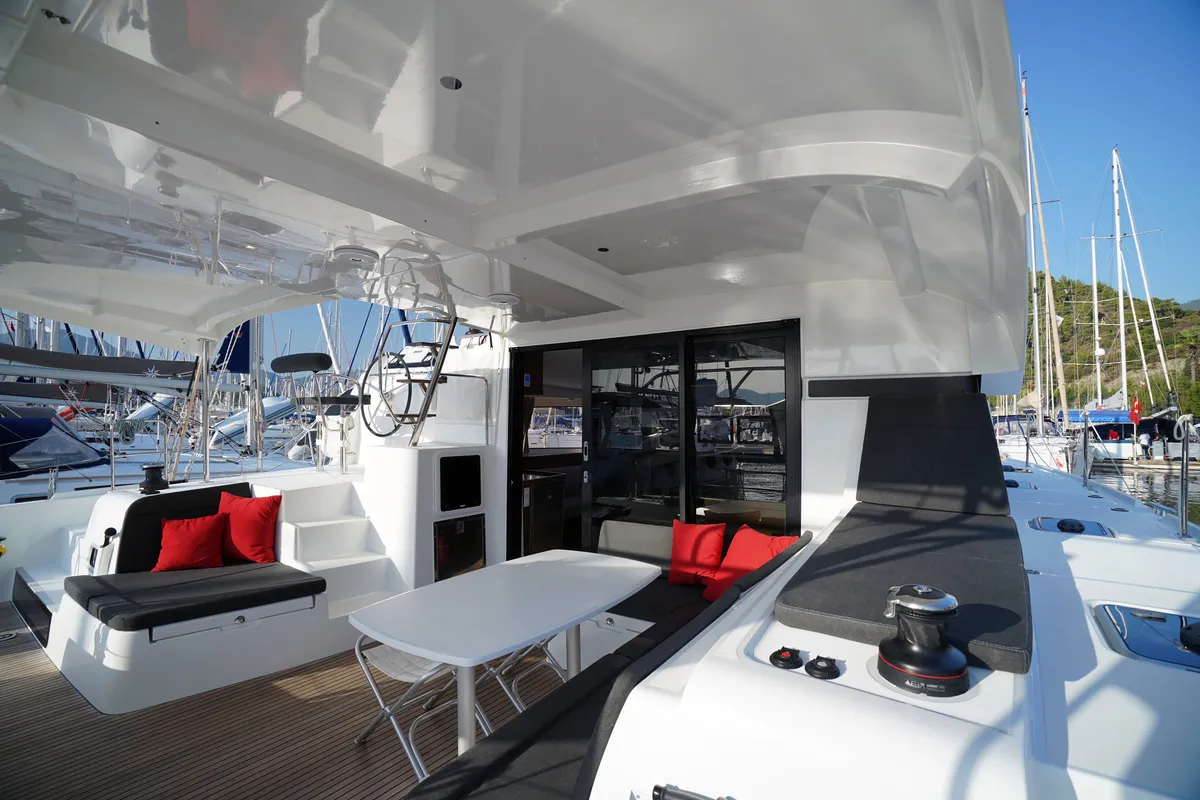 Deck of Little Dream, a Lagoon 42 catamaran at Marmaris, Turkey