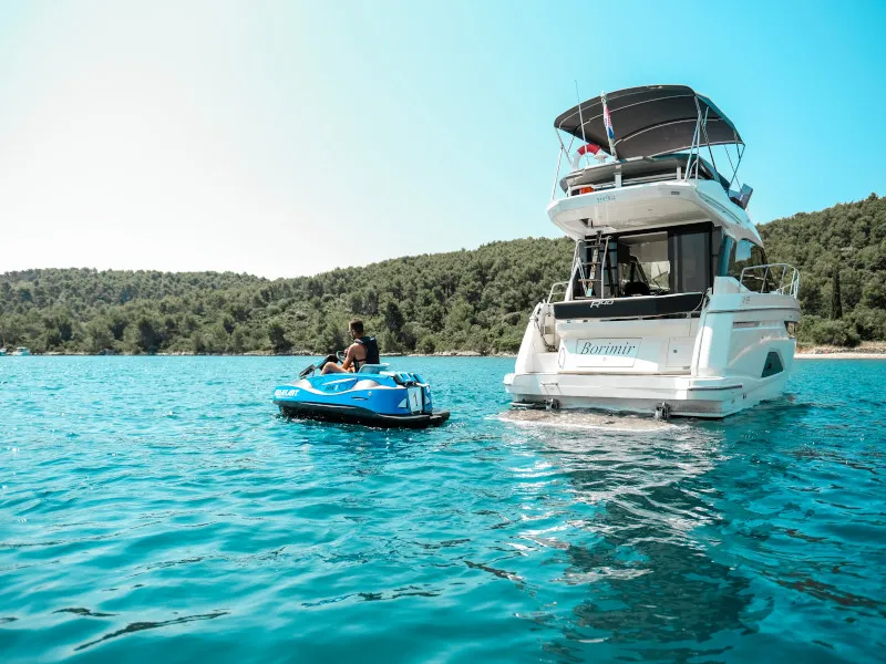 Exterior view of Borimir, a Bavaria R40 motorboat at Seget Donji, Croatia