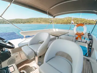 Cockpit of Borimir, a Bavaria R40 motorboat at Seget Donji, Croatia