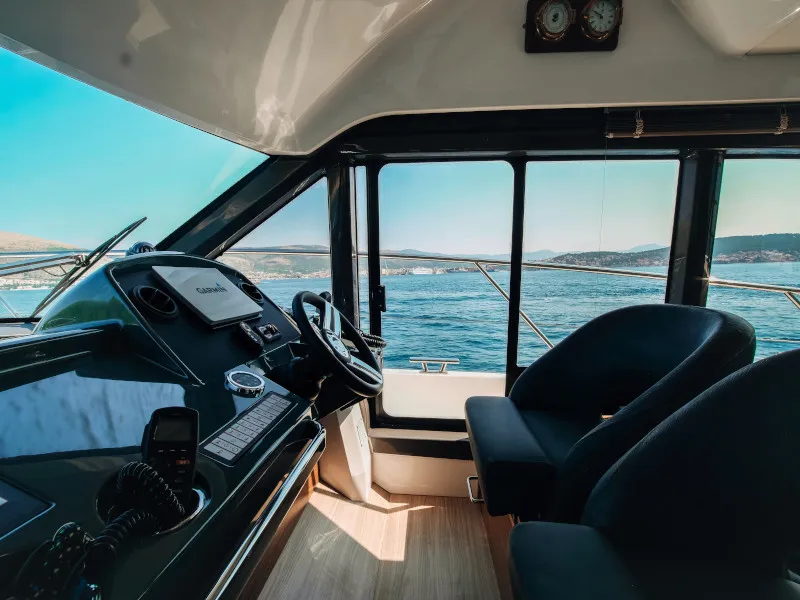 Cockpit of Borimir, a Bavaria R40 motorboat at Seget Donji, Croatia