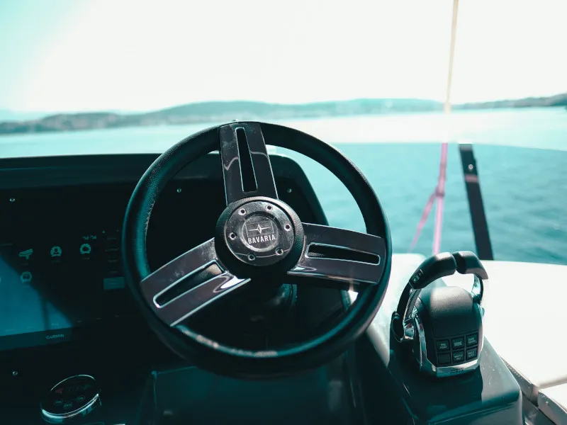 Cockpit of Borimir, a Bavaria R40 motorboat at Seget Donji, Croatia