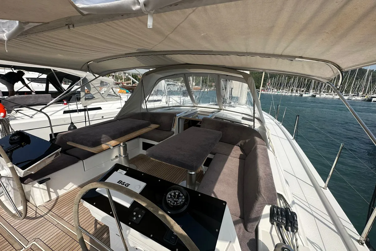 Cockpit of DORiS, a Hanse 460 sailboat at Fethiye, Turkey
