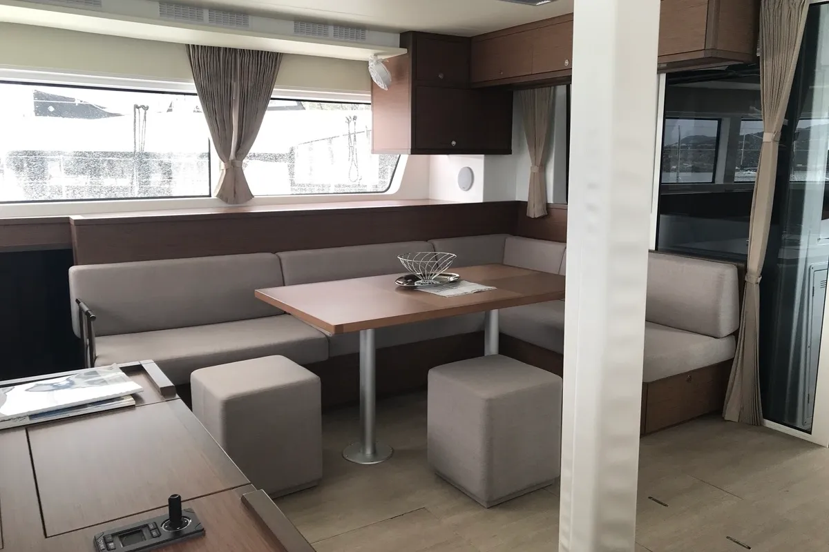 Salon of Dugongo II, a Lagoon 52 catamaran at Pointe-à-Pitre, France
