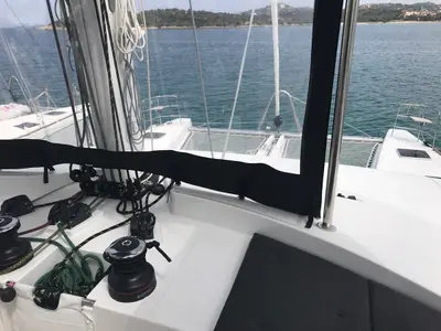 Cockpit of Dugongo II, a Lagoon 52 catamaran at Pointe-à-Pitre, France