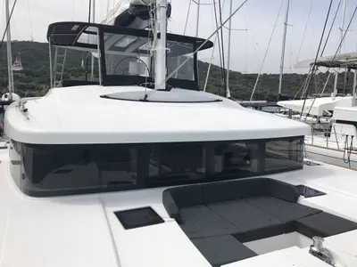 Deck of Dugongo II, a Lagoon 52 catamaran at Pointe-à-Pitre, France
