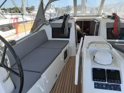 Cockpit of Circe, a Jeanneau Sun Odyssey 410 sailboat at Volos, Greece
