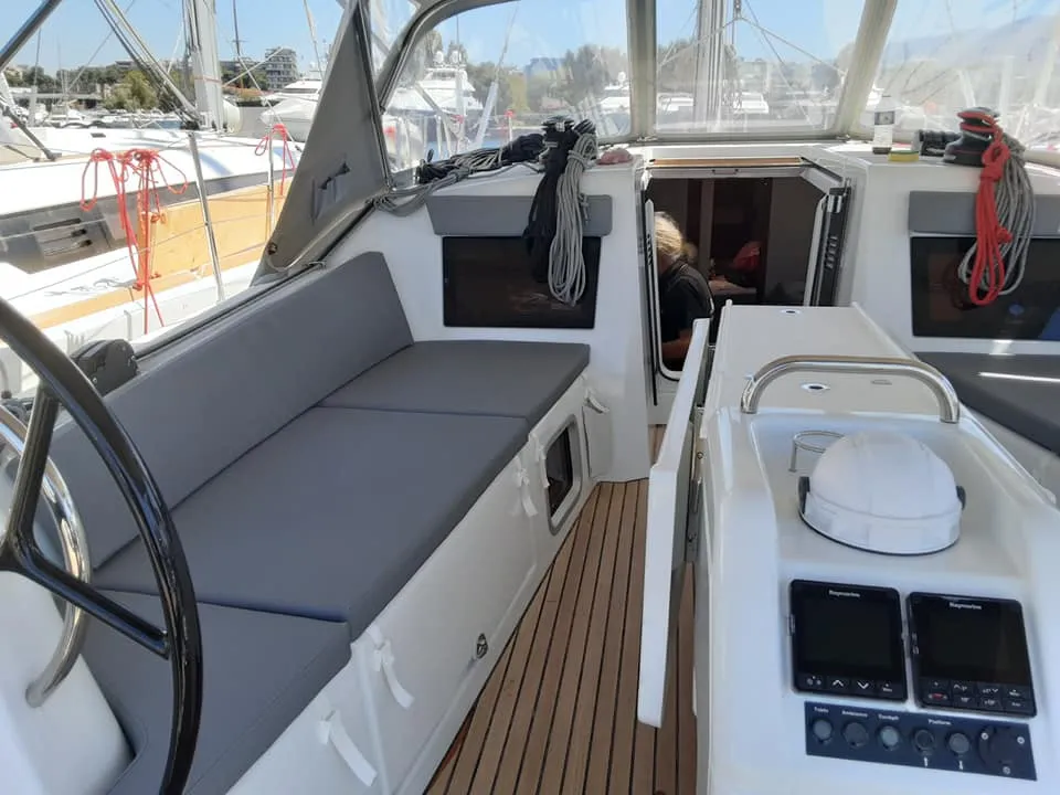 Cockpit of Circe, a Jeanneau Sun Odyssey 410 sailboat at Volos, Greece