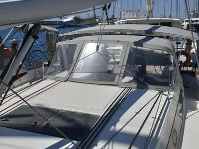 Deck of Circe, a Jeanneau Sun Odyssey 410 sailboat at Volos, Greece