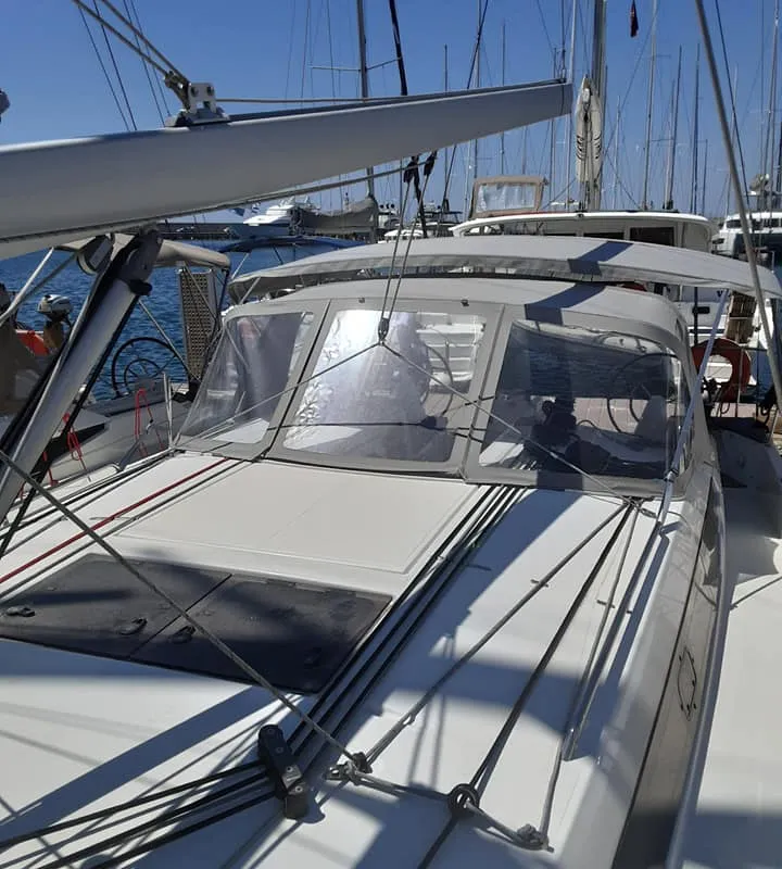 Deck of Circe, a Jeanneau Sun Odyssey 410 sailboat at Volos, Greece