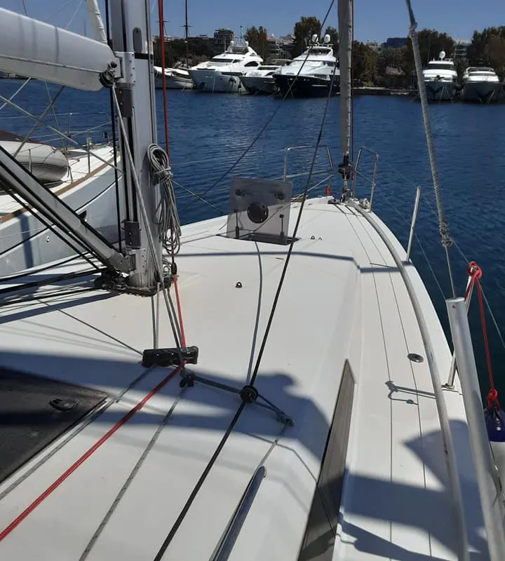 Deck of Circe, a Jeanneau Sun Odyssey 410 sailboat at Volos, Greece