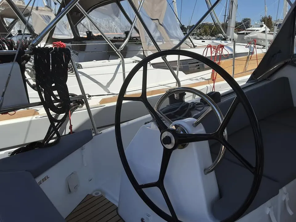Cockpit of Circe, a Jeanneau Sun Odyssey 410 sailboat at Volos, Greece