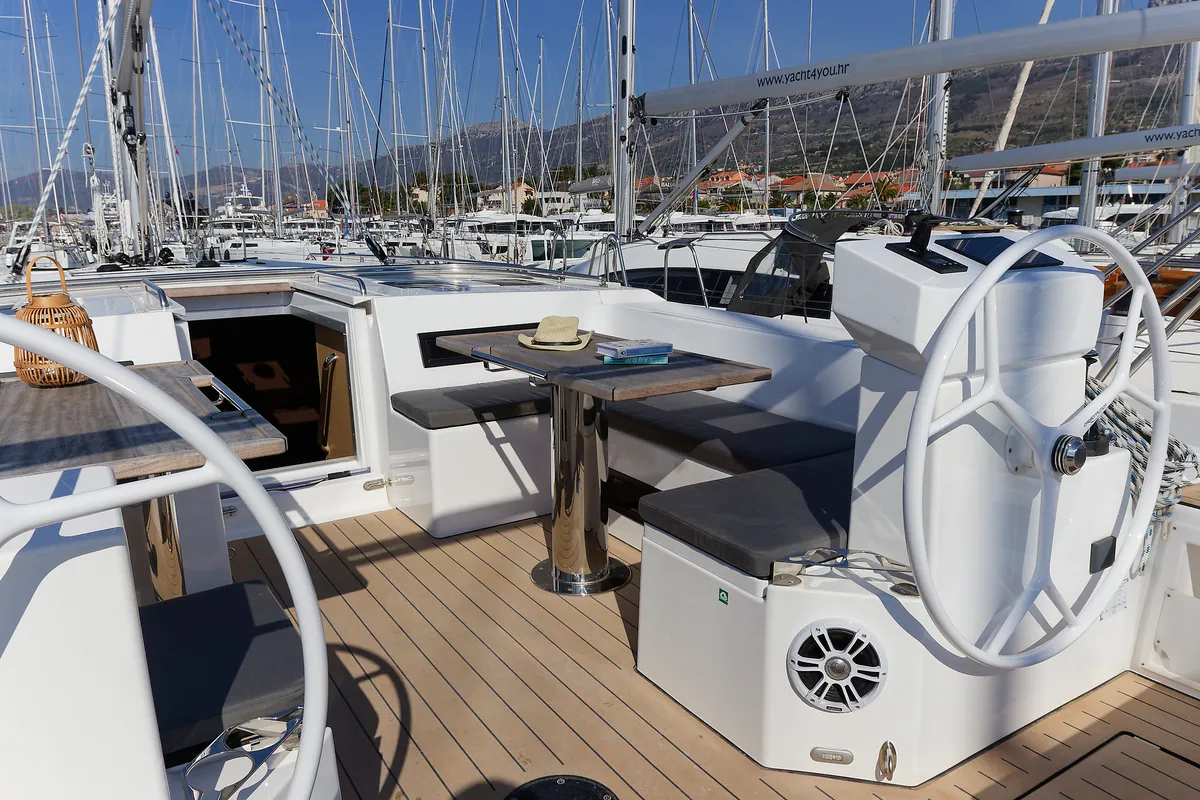 Cockpit of Mathilda, a Bavaria C50 Style sailboat at Grad Kaštela, Croatia